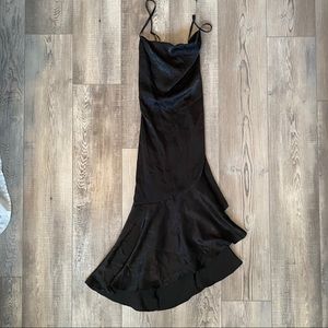 Lulu’s black asymmetrical silk slip dress